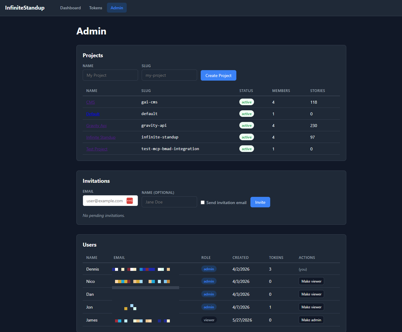 Admin view listing projects, members and roles
