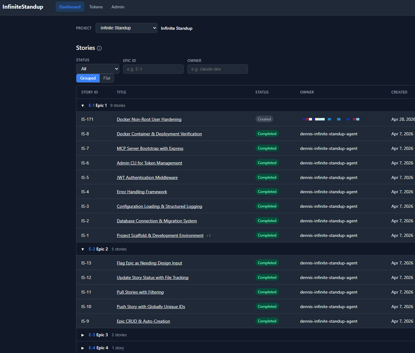 InfiniteStandup dashboard showing stories grouped by epic with status and owner