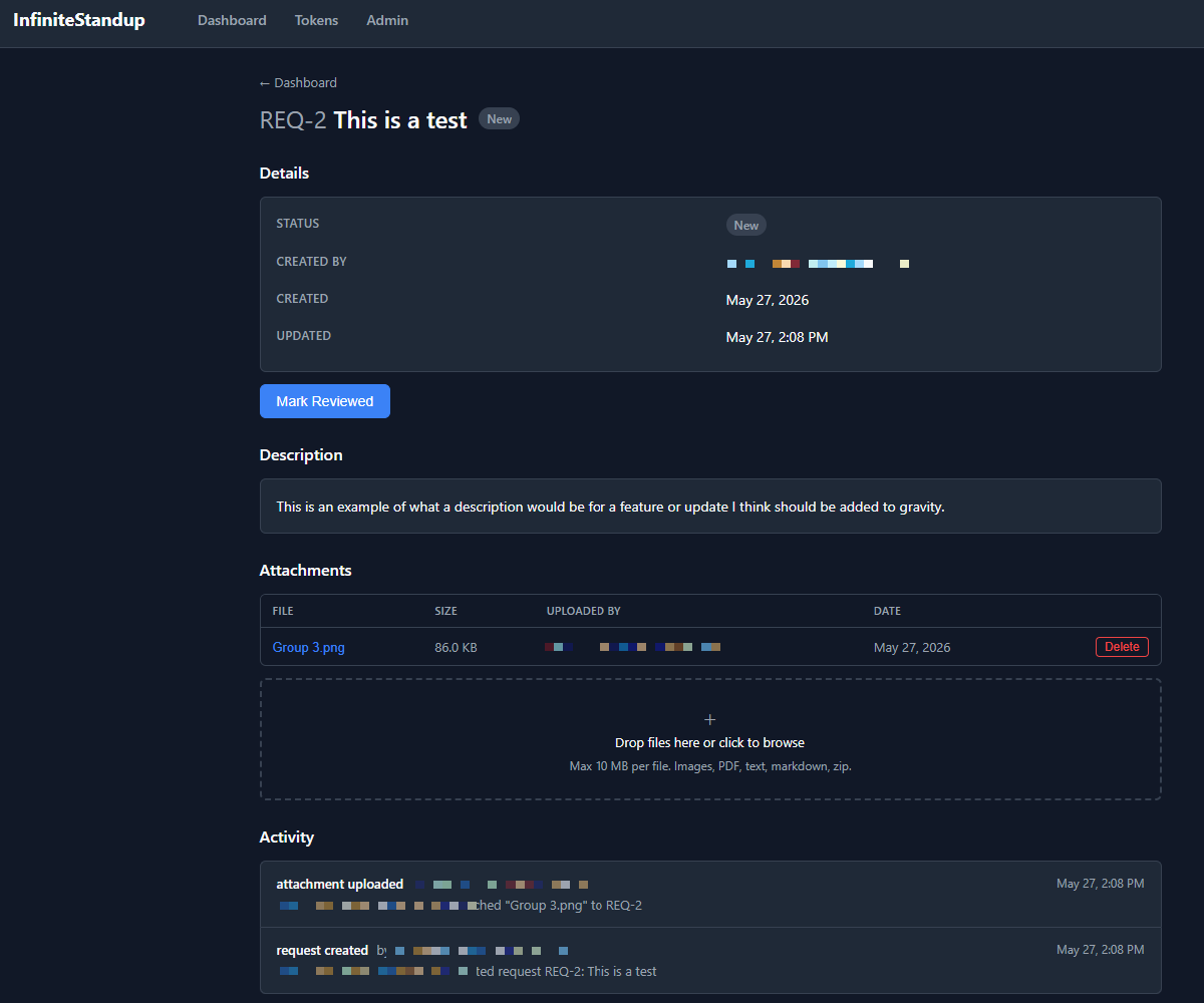 Request detail page with description, attachments and activity